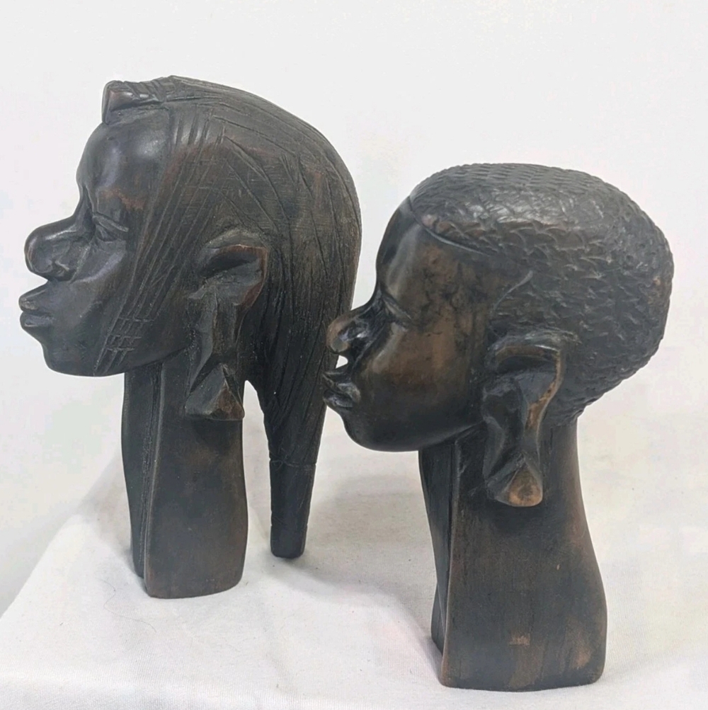 Vintage Wooden African Art Statue Bust Hand Carved Woman Man Head Carving Pair